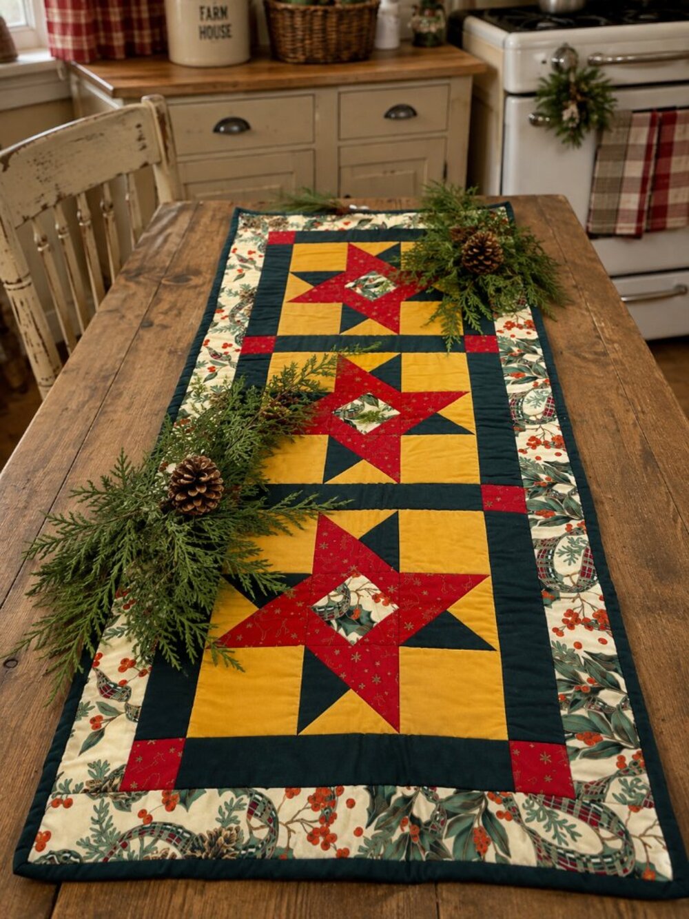 Handmade Quilted Christmas Table Runner Farmhouse Christmas Décor | 21.5" x 46.5